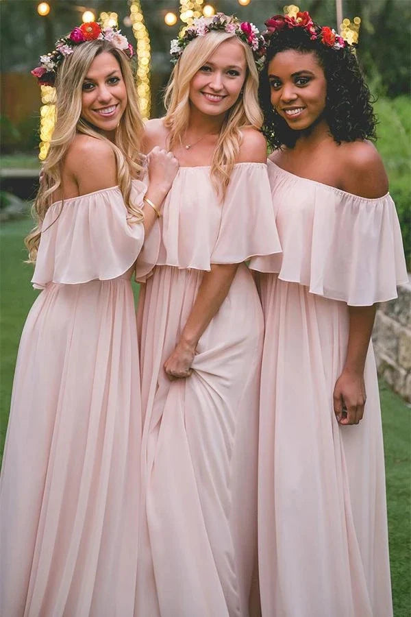 Vestido de novia para invitada/vestido de dama de honor largo de gasa con volantes en rosa pastel y hombros descubiertos, largo hasta el suelo, para fiesta o formal.